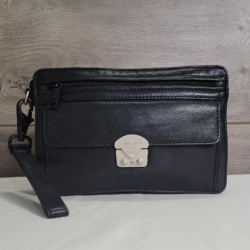 Tumi Black Leather Phone Case with Wristlet